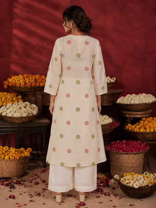 Women's Ivory Floral Printed Cotton Straight Kurta Palazzo Set with Printed Dupatta- Ivory
