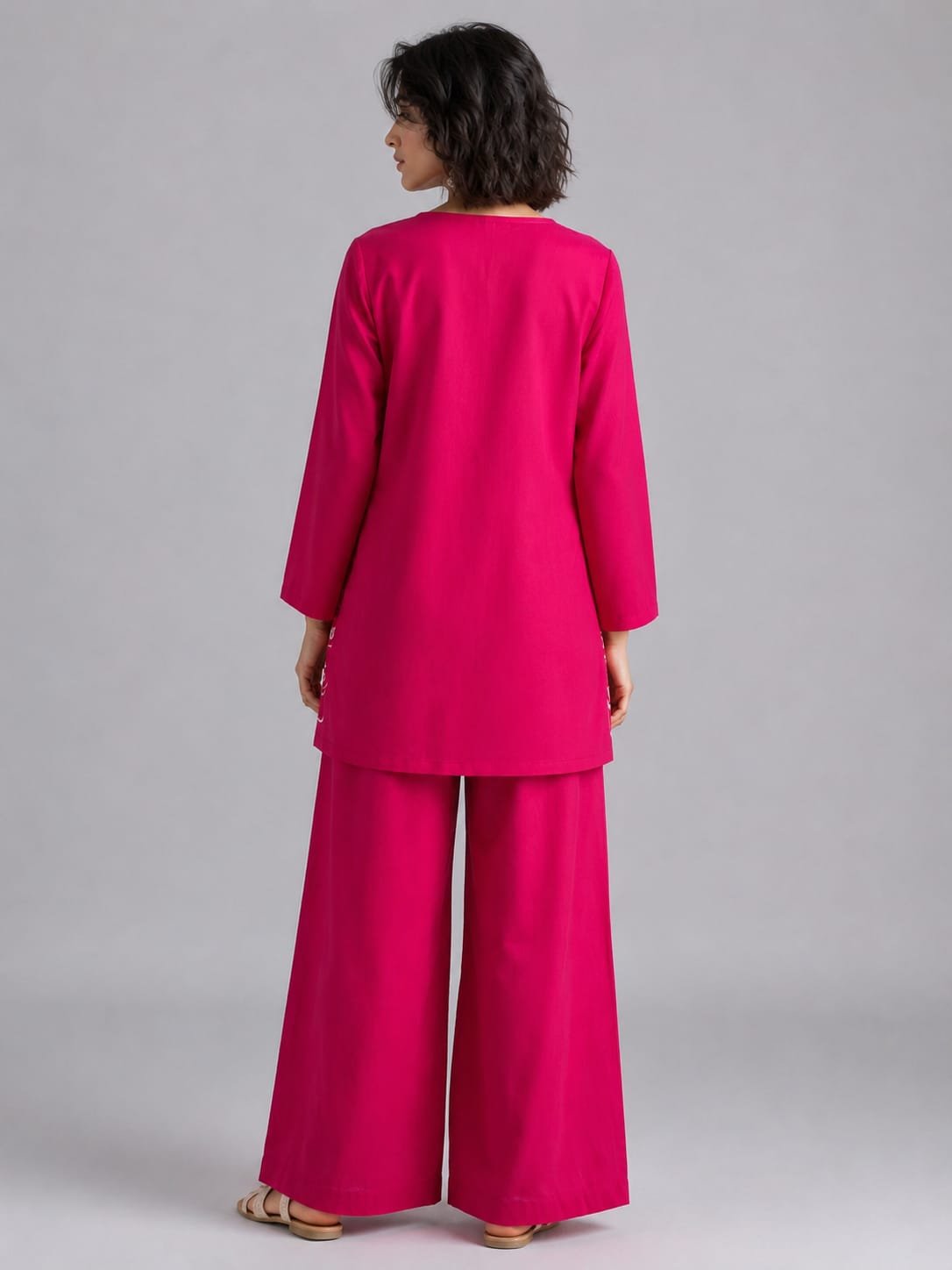 Women's Pink Abstract Face Embroidered Co-ord Set with Wide-Leg Pants - Pink