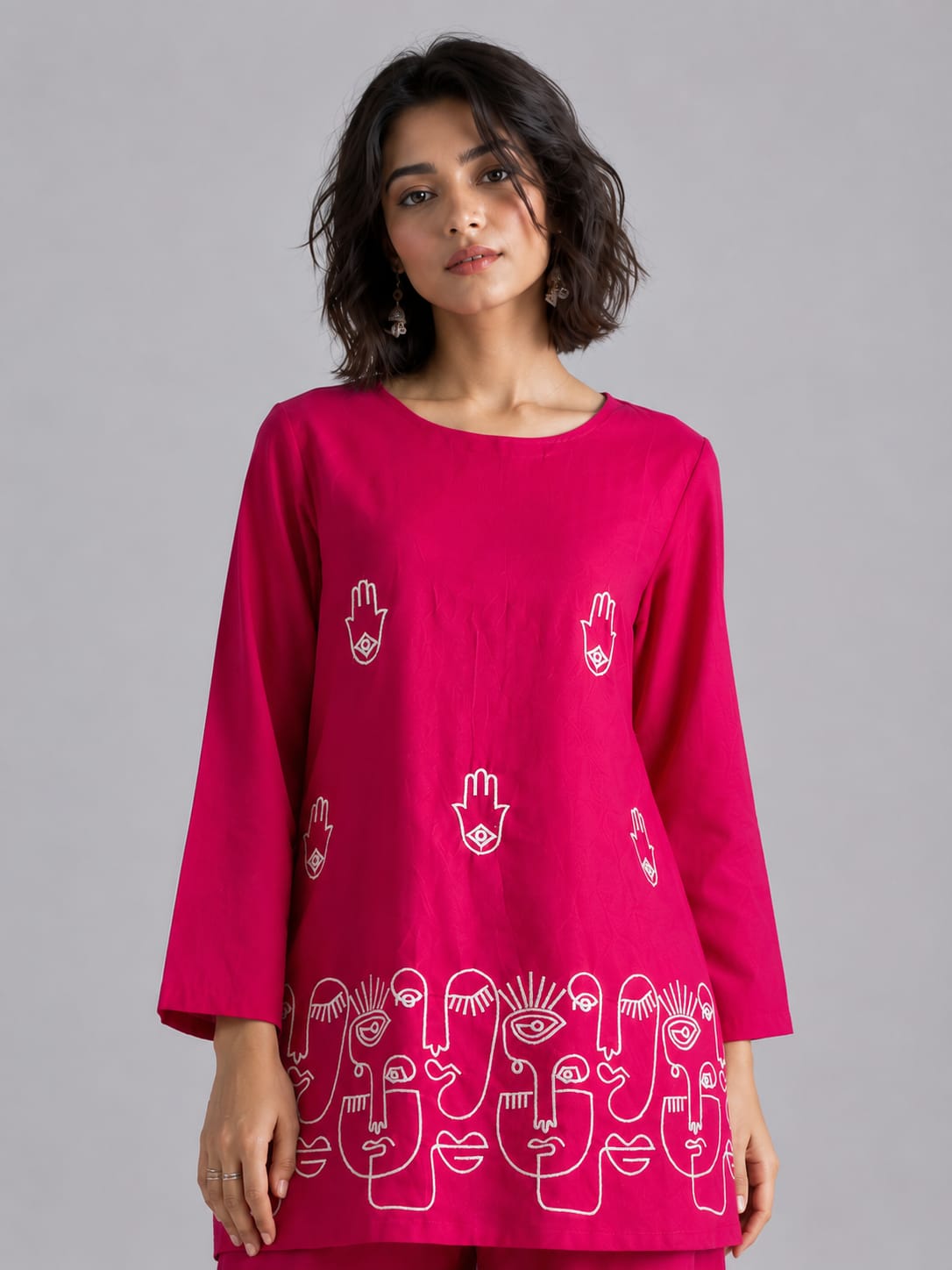 Women's Pink Abstract Face Embroidered Co-ord Set with Wide-Leg Pants - Pink