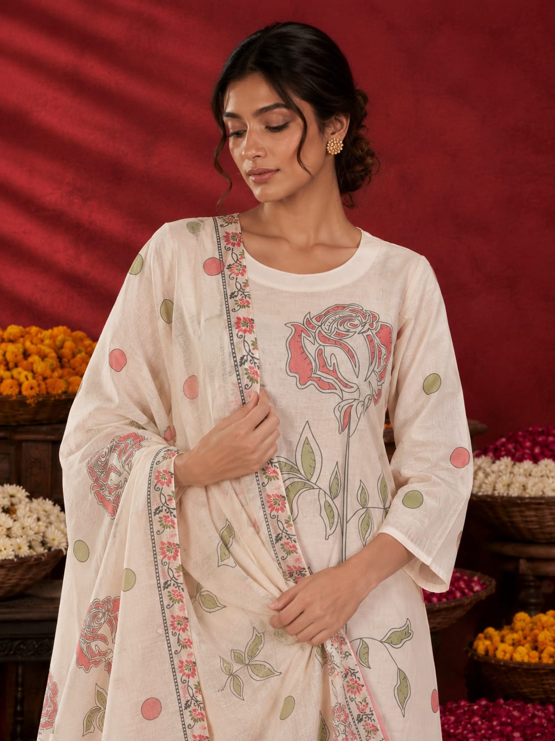 Women's Ivory Floral Printed Cotton Straight Kurta Palazzo Set with Printed Dupatta- Ivory