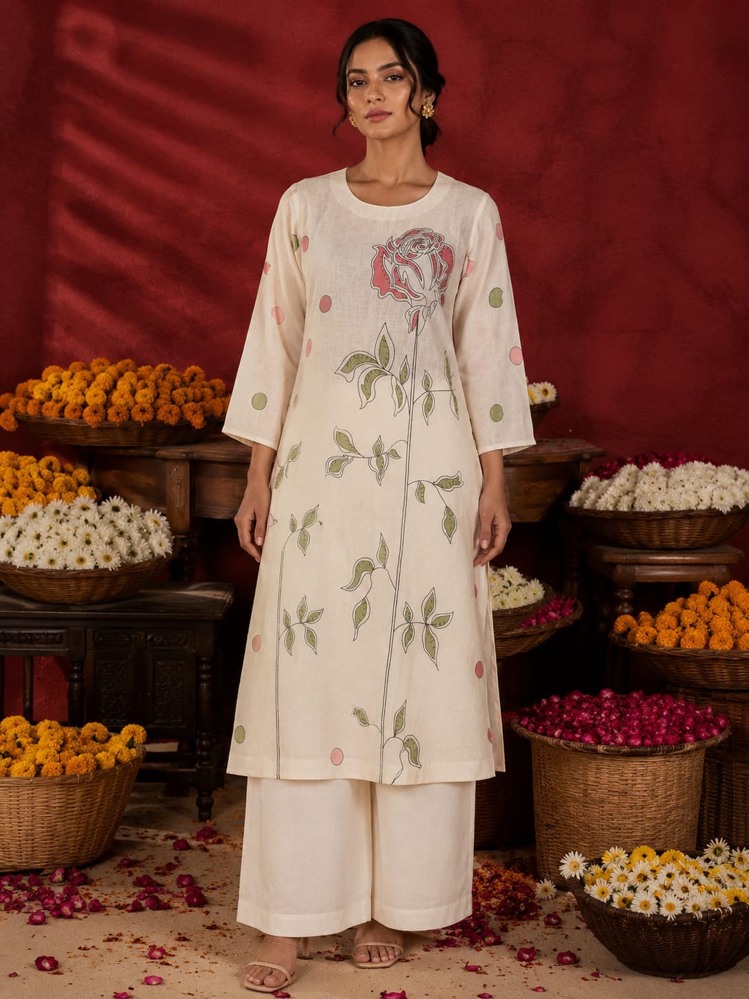 Women's Ivory Floral Printed Cotton Straight Kurta Palazzo Set with Printed Dupatta- Ivory