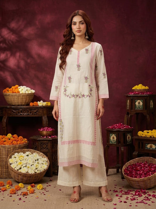 Women's Ivory Floral Printed Straight Kurta Pant Set - Ivory