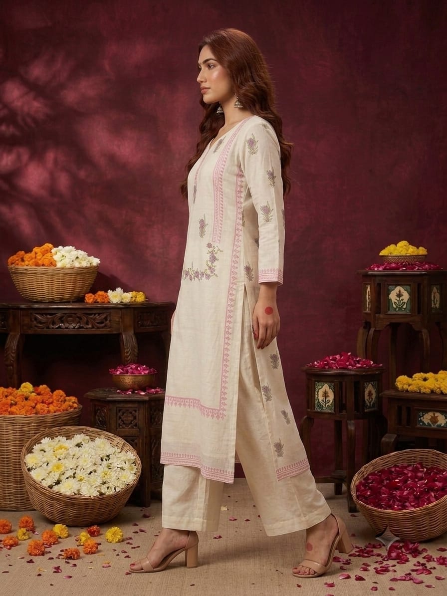 Women's Ivory Floral Printed Straight Kurta Pant Set - Ivory