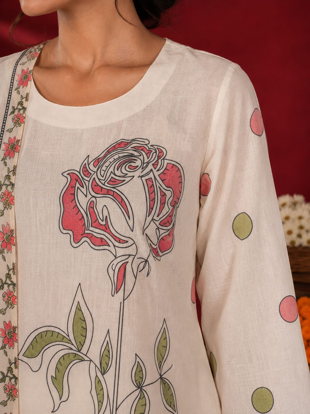 Women's Ivory Floral Printed Cotton Straight Kurta Palazzo Set with Printed Dupatta- Ivory
