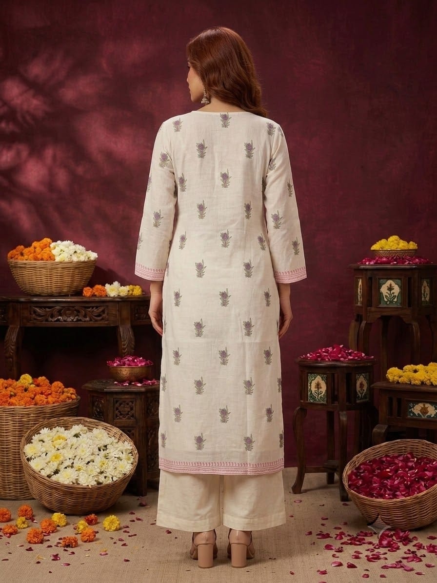 Women's Ivory Floral Printed Straight Kurta Pant Set - Ivory