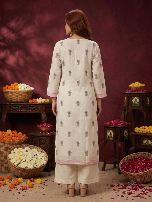 Women's Ivory Floral Printed Straight Kurta Pant Set - Ivory