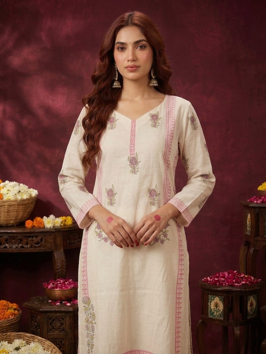 Women's Ivory Floral Printed Straight Kurta Pant Set - Ivory