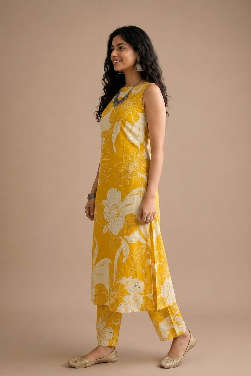 Bold Floral Sleeveless Kurta Set – Yellow