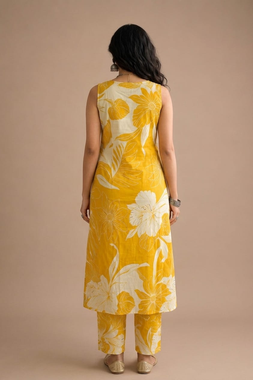 Bold Floral Sleeveless Kurta Set – Yellow